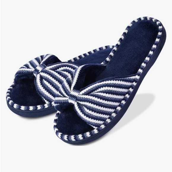 NWT  Memory Foam Open Toe Slide Slippers with Cute Bow and Cozy Terry Lining - Picture 1 of 7
